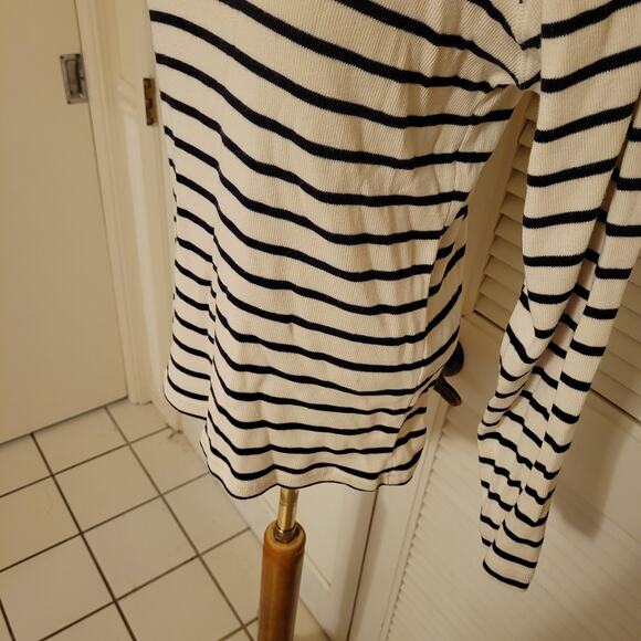 LL Bean Striped Half Zip Pullover Cream Black Medium 90s Y2K Long Sleeve Top - Picture 7 of 8